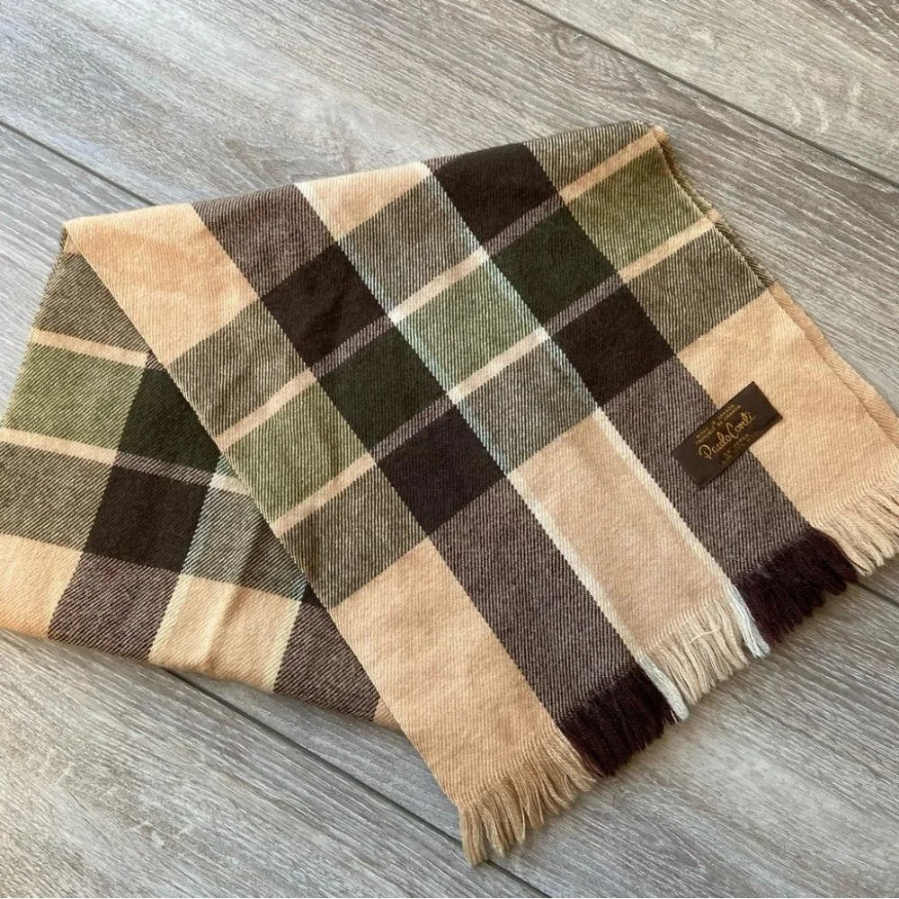 Vintage Paulo Conti Pure Wool Plaid Rectangle Scarf with Fringe